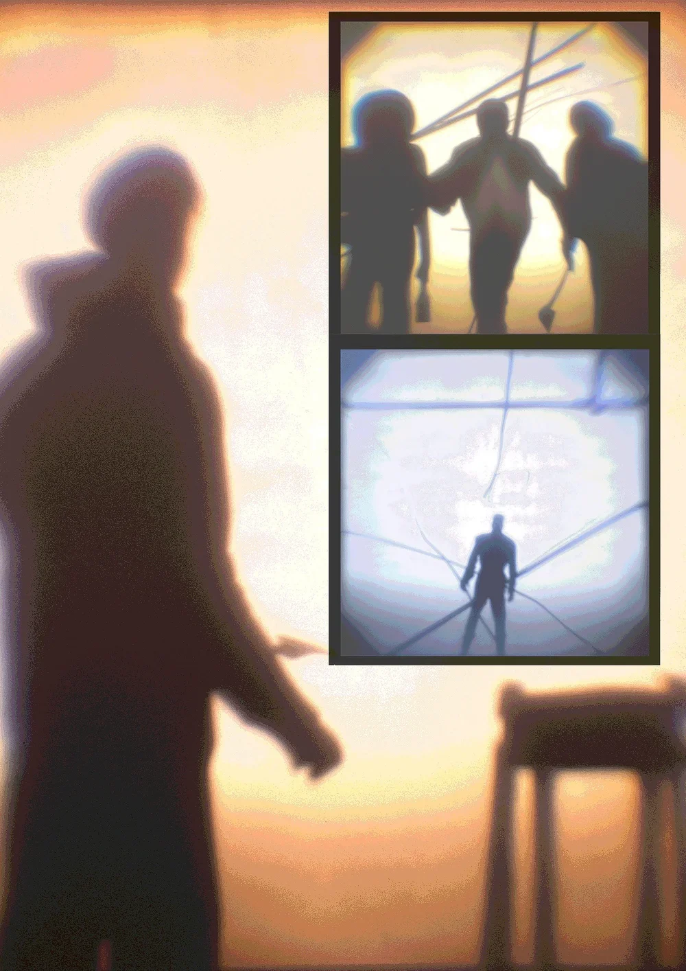 Silhouette of a person standing near a table with two framed images of people in helmets and suits, inside a room with warm and cool lighting.