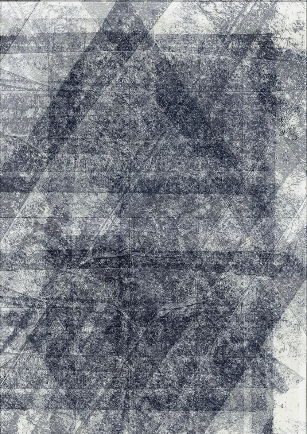 A grayscale abstract textured image with geometric lines and shapes layered over each other.