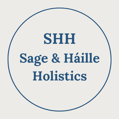 Logo with text reading "SHH Sage & Haille Holistics" inside a circle