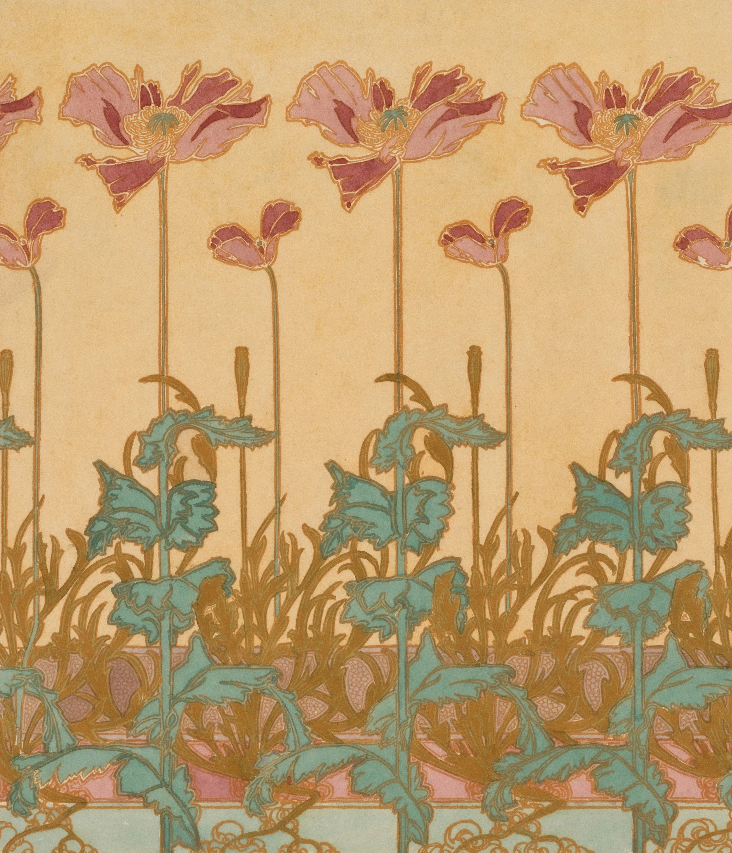 Decorative floral pattern with pink flowers and green leaves on a yellow background.