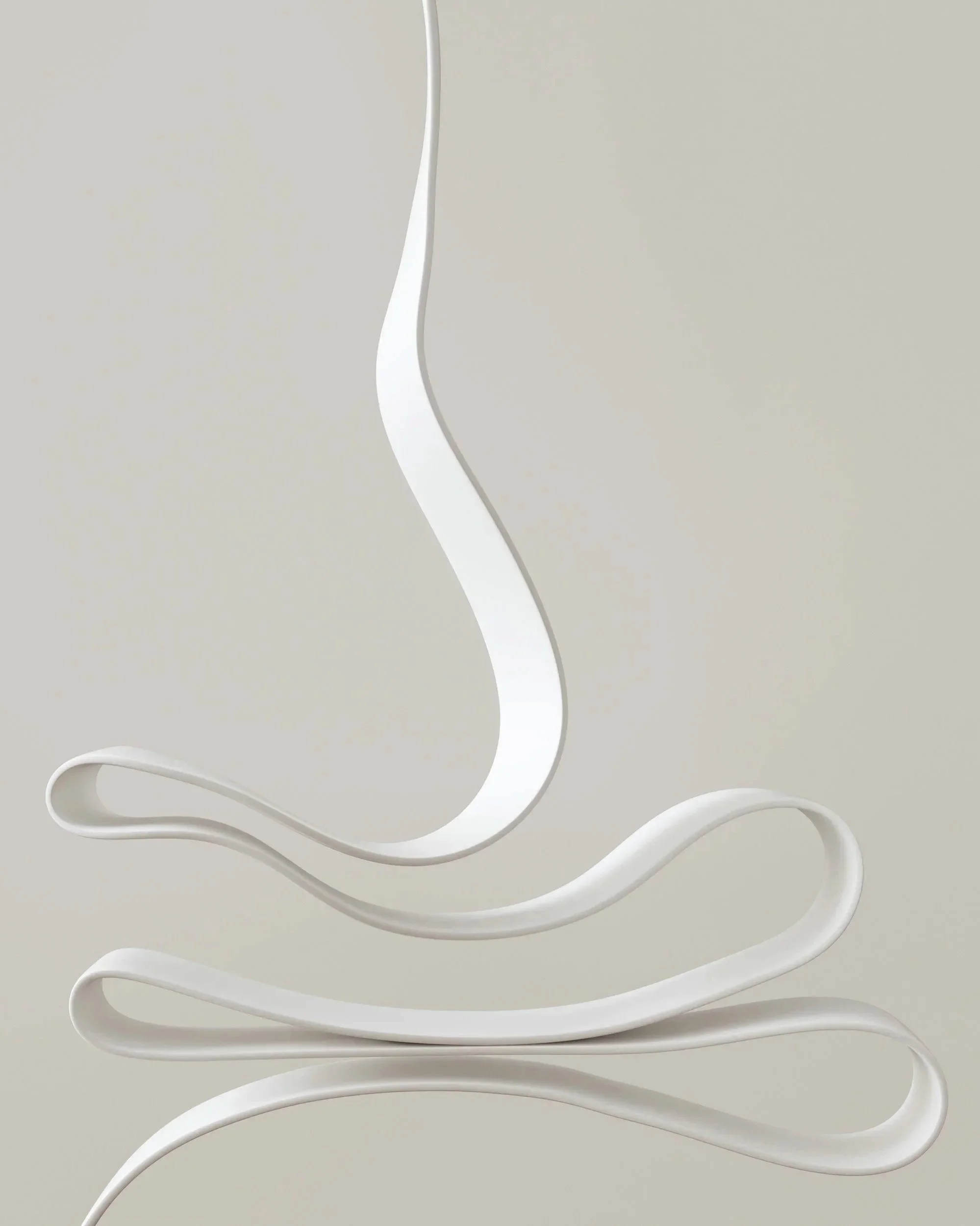 White abstract curving sculpture against a beige background.