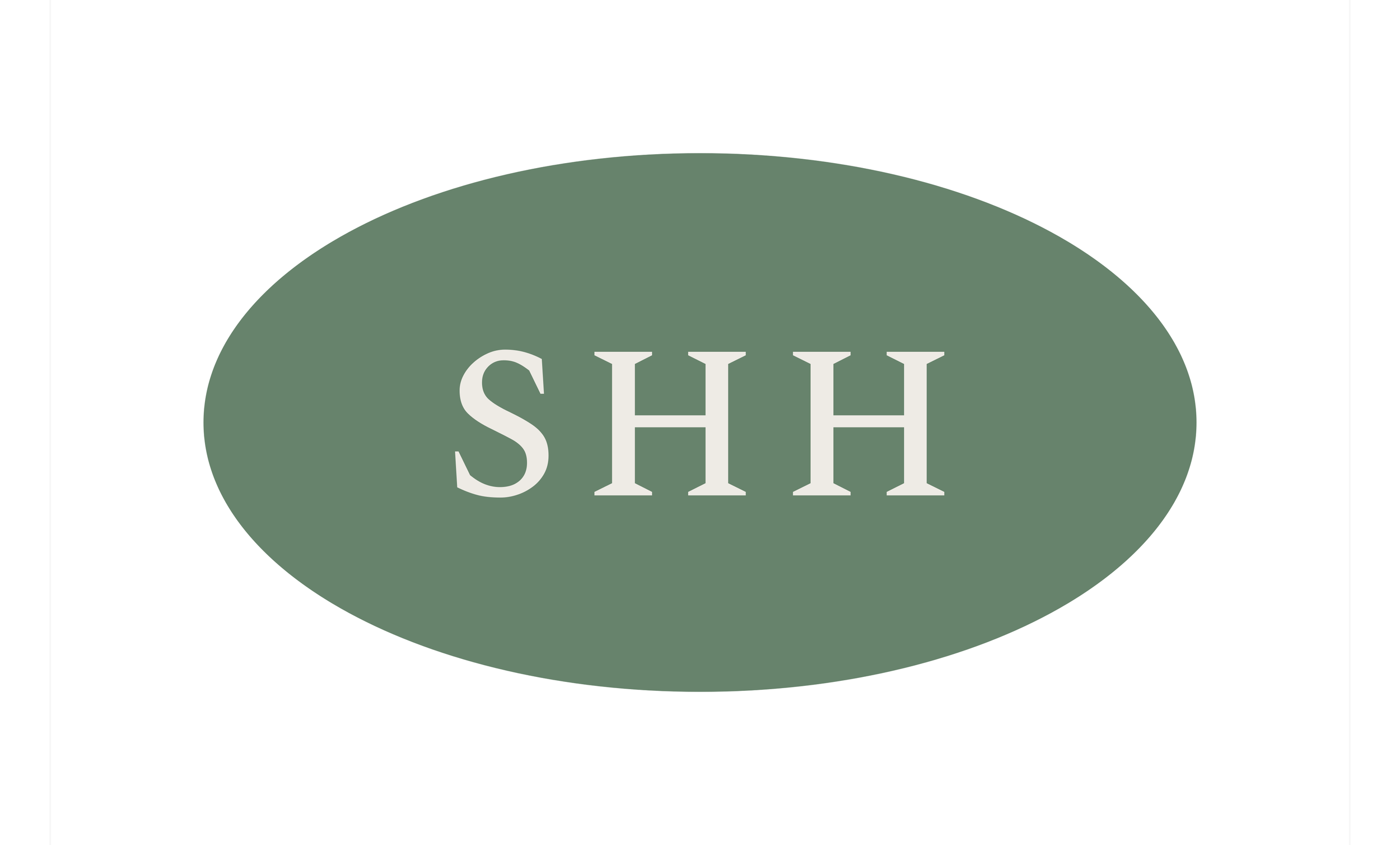 A green oval with the letters ''SHH'' in white text.