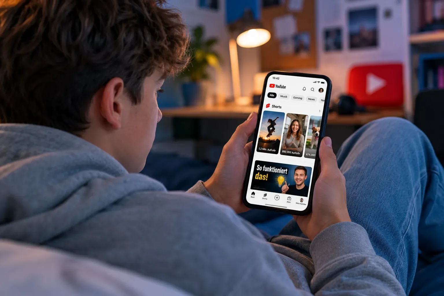 Ein Jugendlicher sitzt entspannt auf einem Sofa und nutzt YouTube auf seinem Smartphone. Der Bildschirm zeigt den Shorts-Bereich und symbolisiert die zunehmende Verbreitung von Kurzvideos bei jungen Menschen.