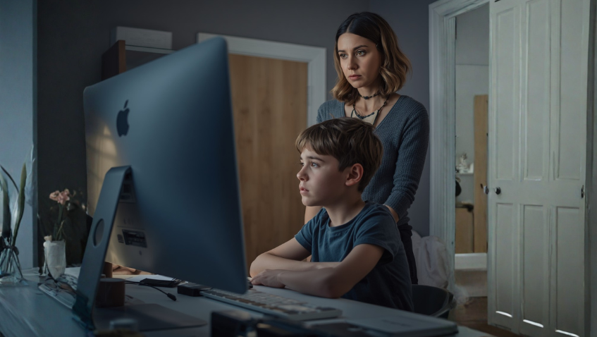 Eine Frau steht mit besorgtem Blick hinter einem Jungen, der konzentriert an einem großen Desktop-Monitor arbeitet oder spielt. Die Szene wirkt ruhig, aber angespannt. Das Zimmer ist modern und schlicht in kühlen Grautönen eingerichtet.
