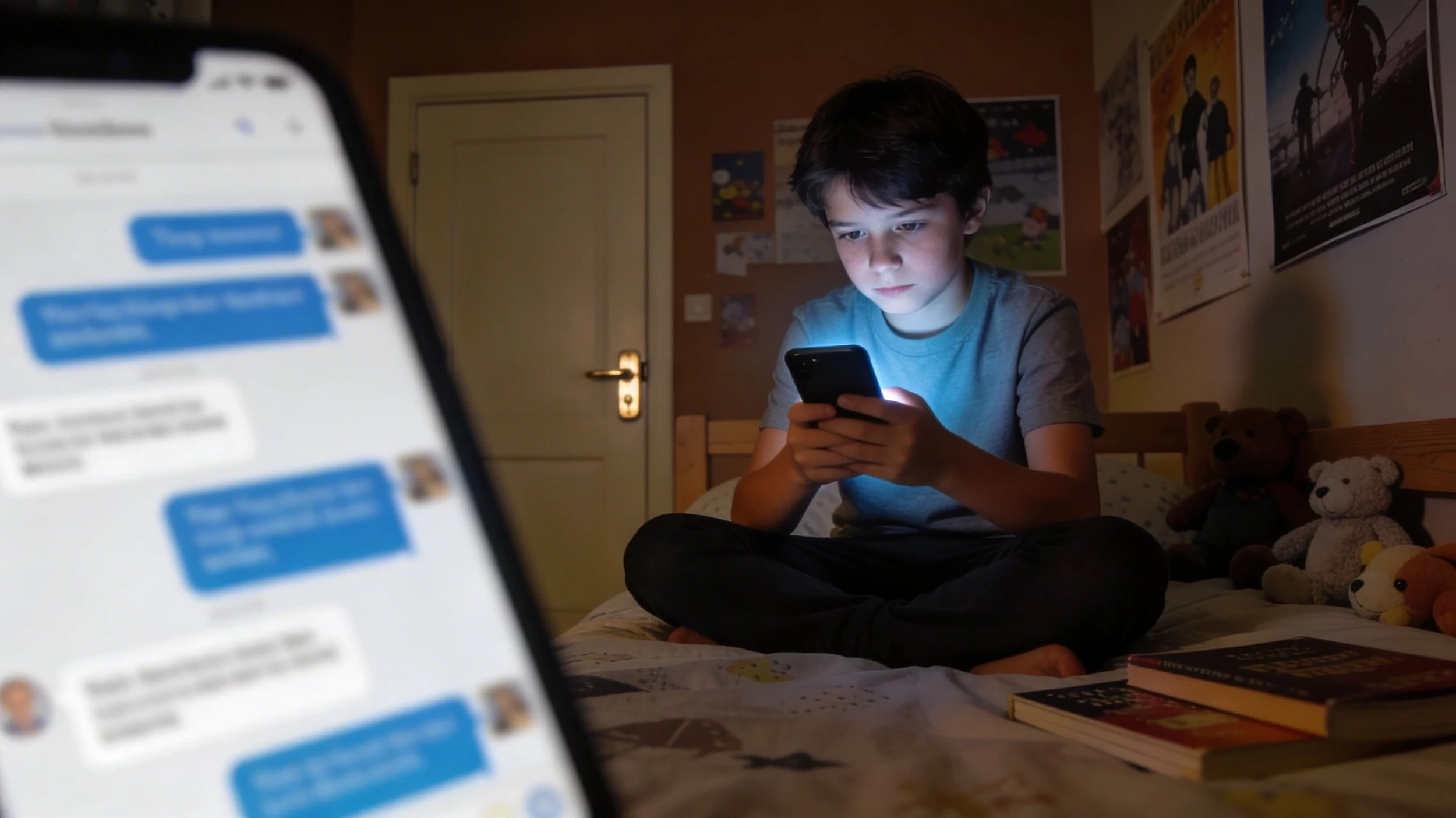 Kind sitzt nachts allein in einem Kinderzimmer auf dem Bett, das Gesicht wird nur vom Licht eines Smartphones beleuchtet; das eigentlich gemütliche Zimmer wirkt wie ein Empfangsraum für Cybermobbing und digitale Nachrichten.