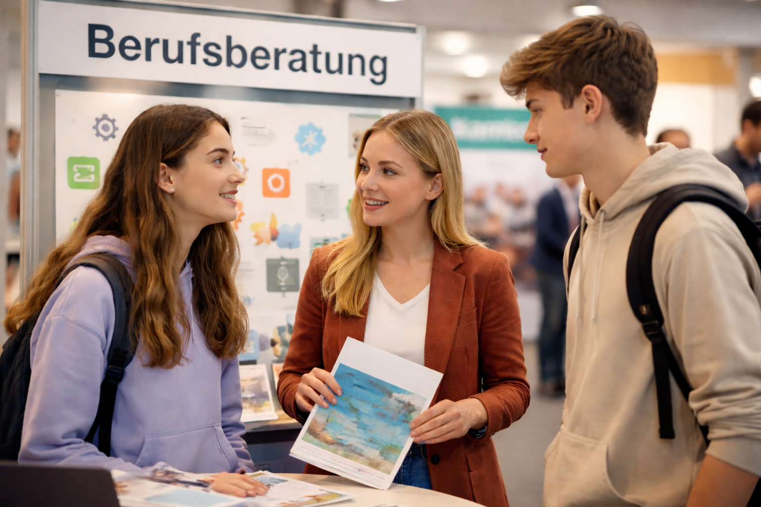 Zwei Jugendliche sprechen auf einer Berufsmesse mit einer Beraterin über mögliche Ausbildungs und Berufswege.
