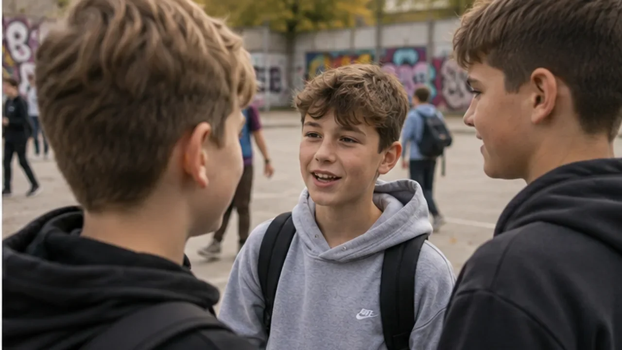 Mehrere Jungen stehen auf einem Schulhof zusammen und unterhalten sich über Inhalte aus sozialen Medien.