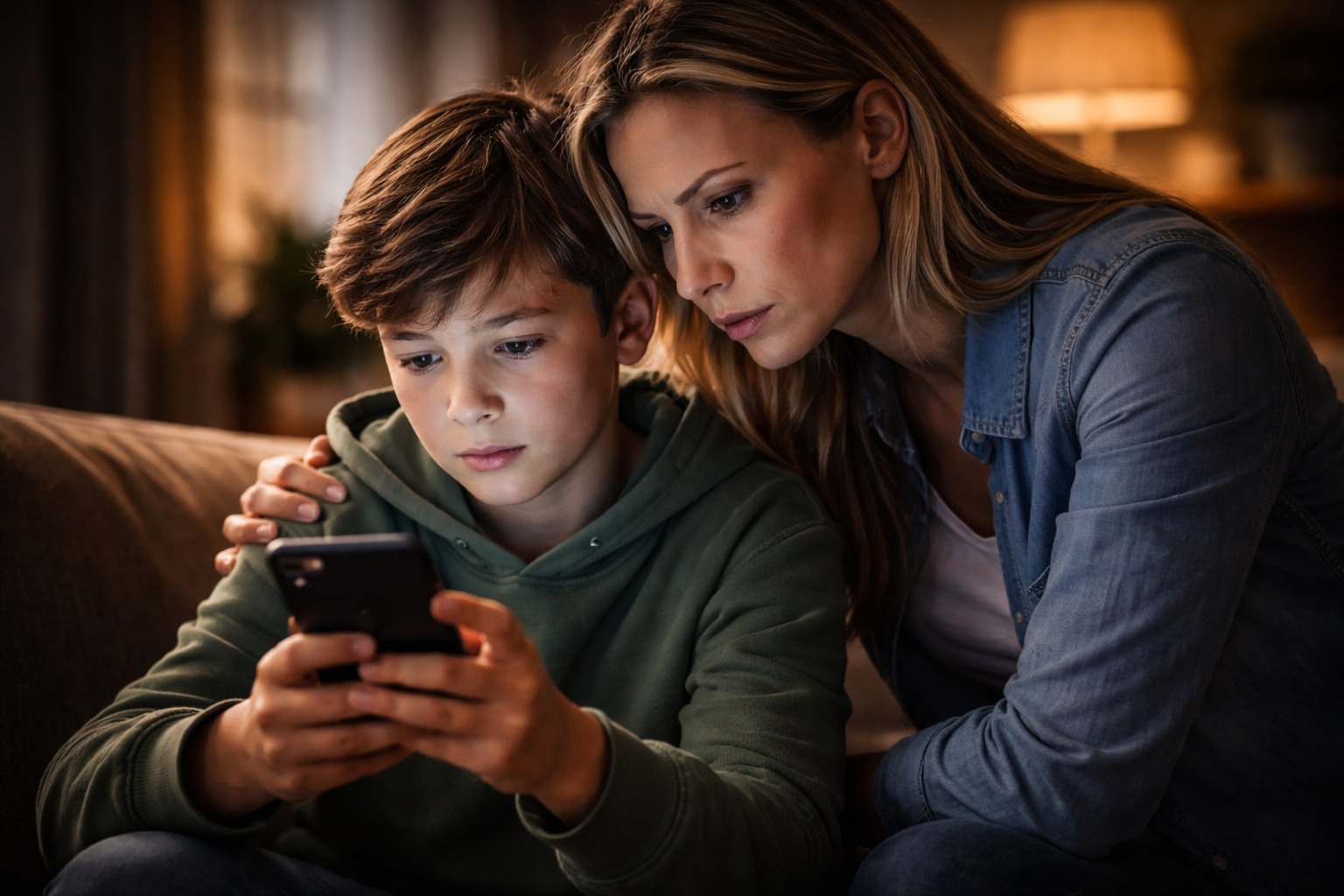 Mutter sitzt eng neben ihrem Sohn auf dem Sofa und schaut mit ihm ernst auf ein Smartphone bei gedimmtem Licht am Abend