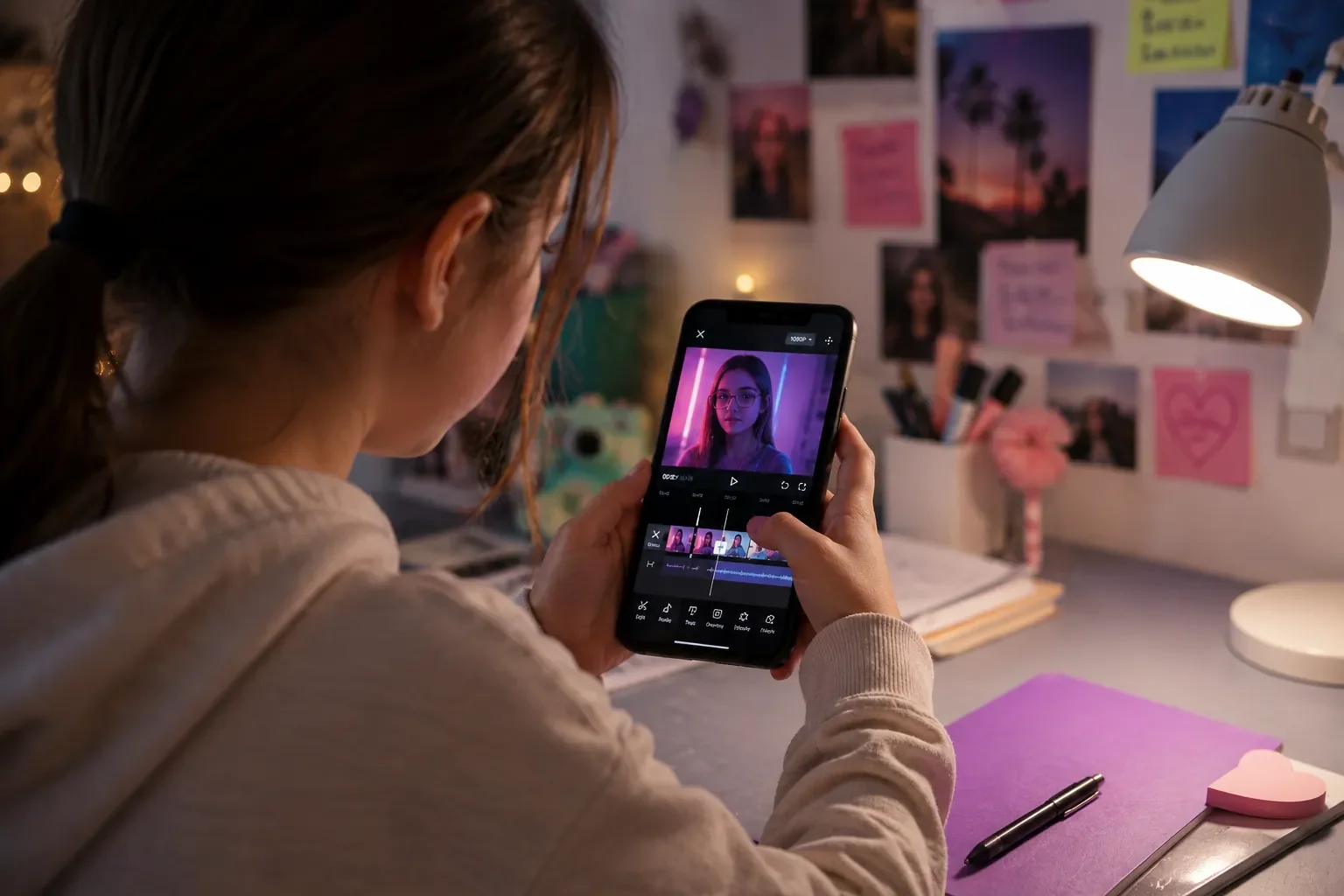 Ein Mädchen sitzt an einem Schreibtisch und bearbeitet auf ihrem Smartphone ein Video. Die Szene zeigt, wie Kinder und Jugendliche moderne Video-Apps mit KI-Funktionen nutzen, um Fotos und Videos kreativ zu gestalten.