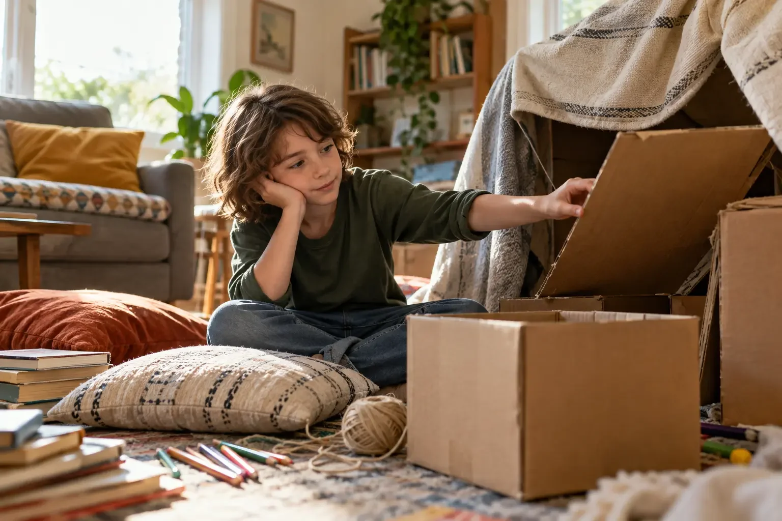 Ein Kind sitzt in einem hellen Wohnzimmer zwischen Kissen, Büchern, Stiften und Kartons und beginnt, aus den Materialien eine eigene Höhle oder ein Spielhaus zu bauen.