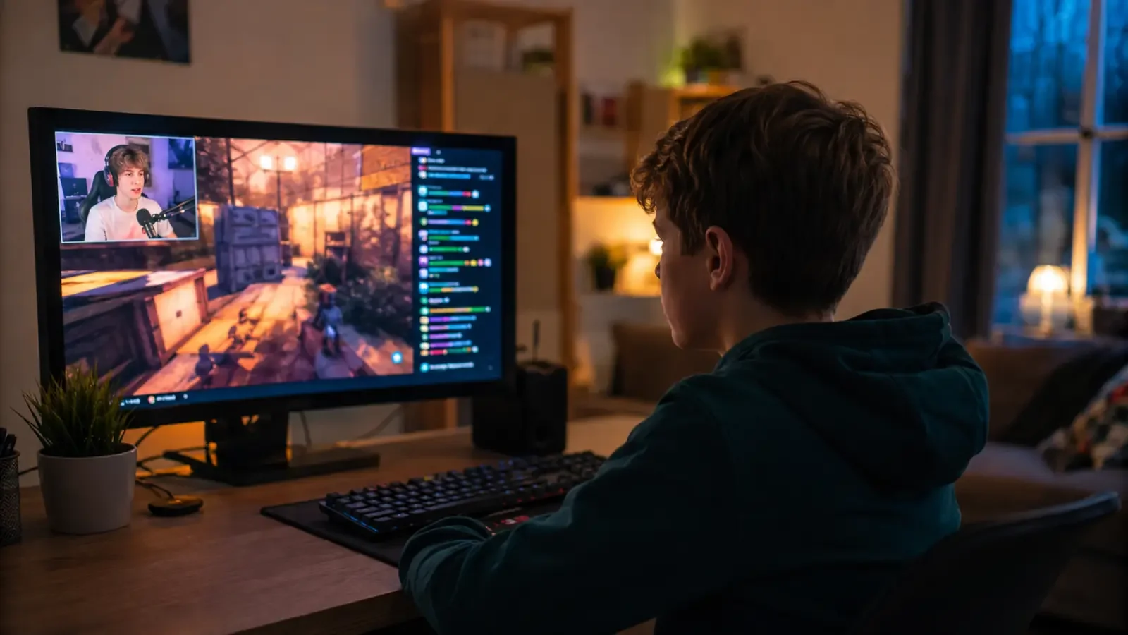 Ein Jugendlicher verfolgt am Computer einen Gaming-Livestream mit eingeblendetem Chat.
