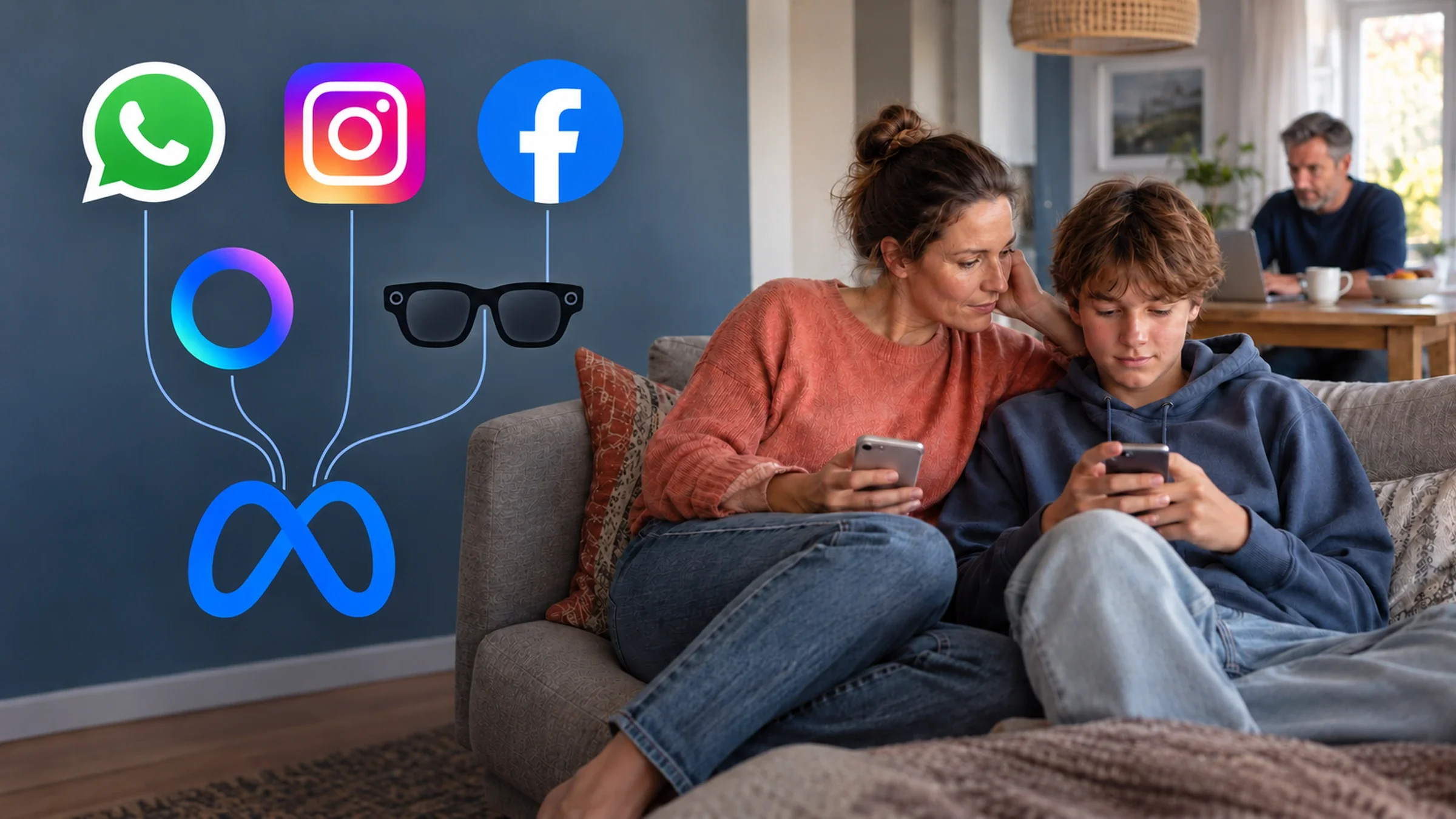 Eine Mutter sitzt mit ihrem Sohn auf dem Sofa, beide halten Smartphones. Im Hintergrund nutzt ein Vater einen Laptop. Daneben sind die Symbole von WhatsApp, Instagram, Facebook, Meta AI und einer KI-Brille durch Linien mit dem Meta-Logo verbunden.