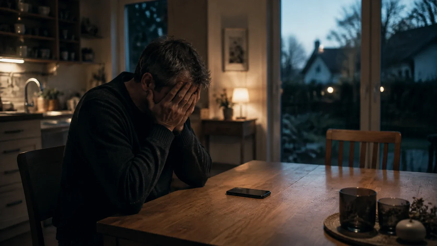 Mann sitzt allein am Küchentisch und vergräbt das Gesicht in den Händen. Vor ihm liegt ein Smartphone.
