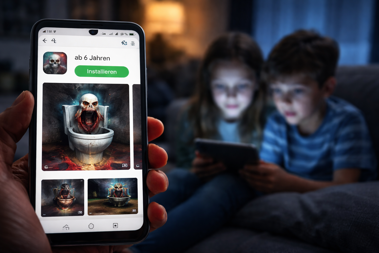 Smartphone mit App Store Anzeige einer offiziell freigegebenen App während Kinder im Hintergrund digitale Inhalte konsumieren zeigt fehlenden Kinderschutz bei Altersfreigaben