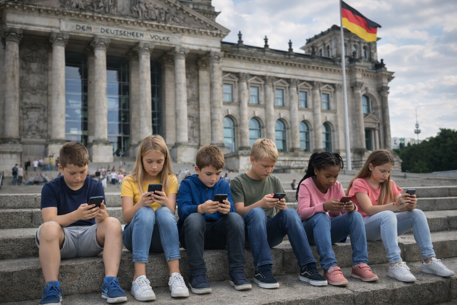 Mehrere Kinder sitzen auf den Stufen vor dem Reichstagsgebäude in Berlin und schauen auf ihre Smartphones, während im Hintergrund der Bundestag und die deutsche Flagge zu sehen sind.
