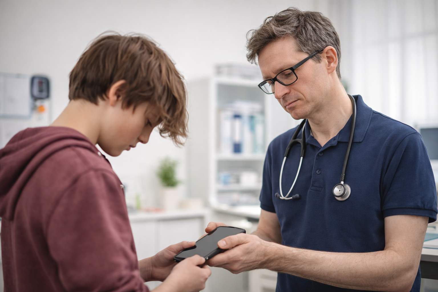 Jugendlicher mit gesenktem Blick übergibt in einer Arztpraxis sein Smartphone an einen Kinderarzt als Symbol für problematische Mediennutzung und digitale Gesundheit