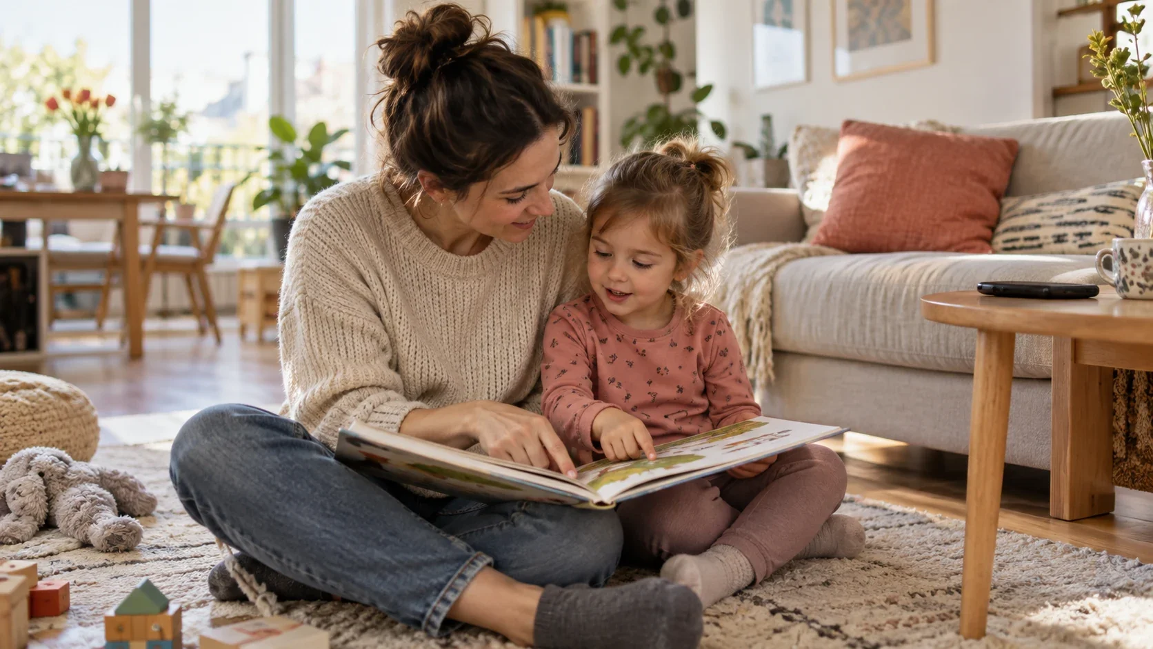 Mutter liest Tochter aus einem Buch vor.