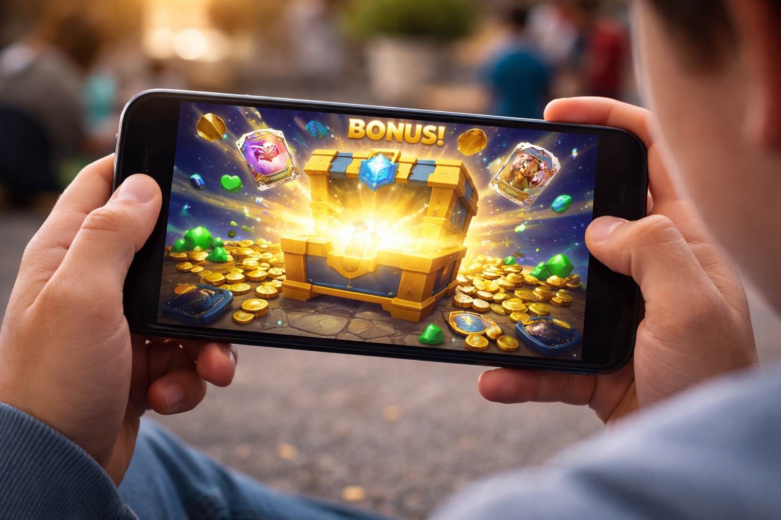 Smartphone zeigt eine geöffnete Belohnungstruhe mit Münzen und Karten in einem Mobile Game, ein typisches Beispiel für Lootbox- und Belohnungssysteme in Spielen wie Clash Royale.