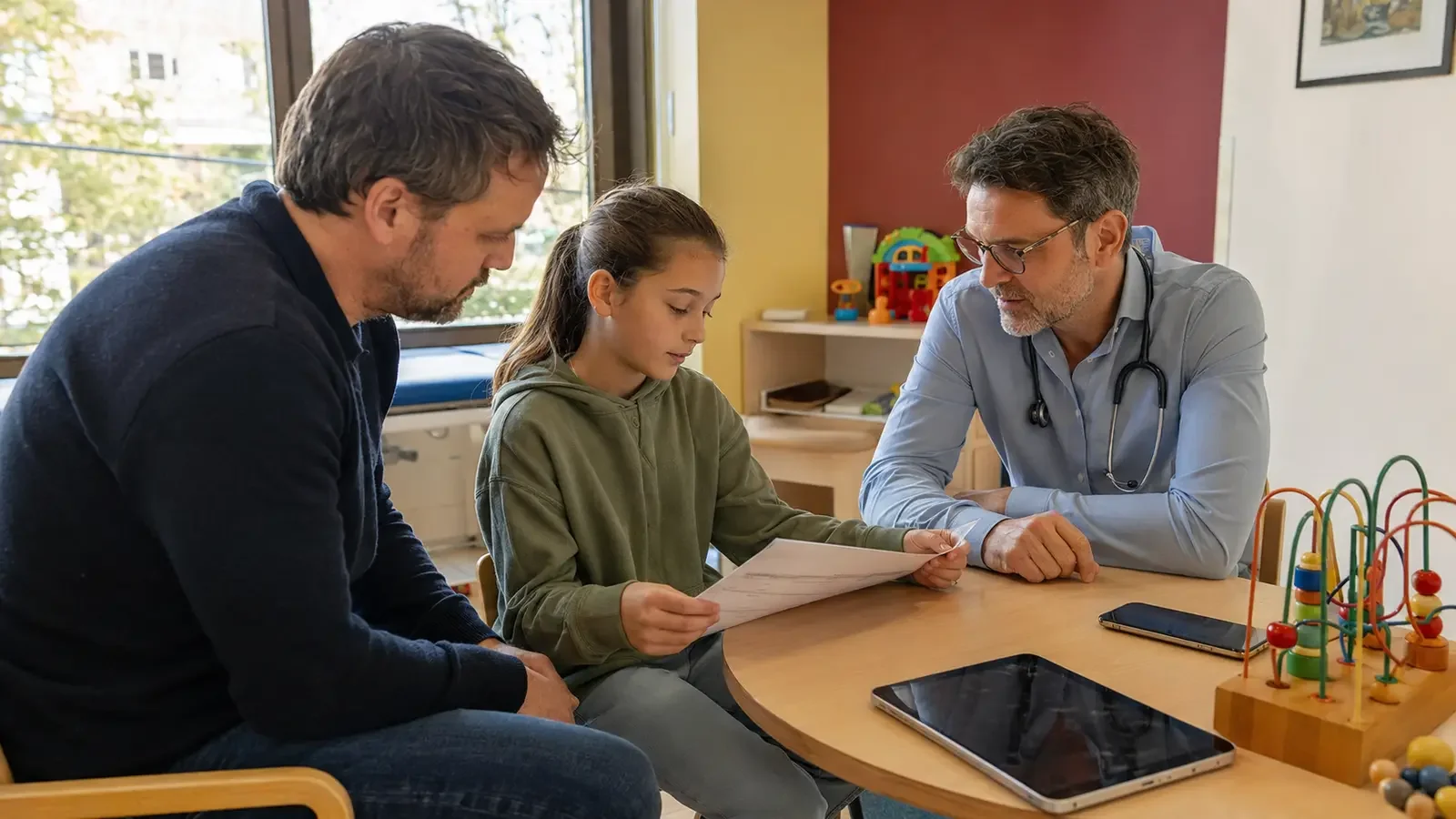 Ein Kinderarzt bespricht mit einem Mädchen und ihrem Vater einen Fragebogen zur Mediennutzung und zum Wohlbefinden.