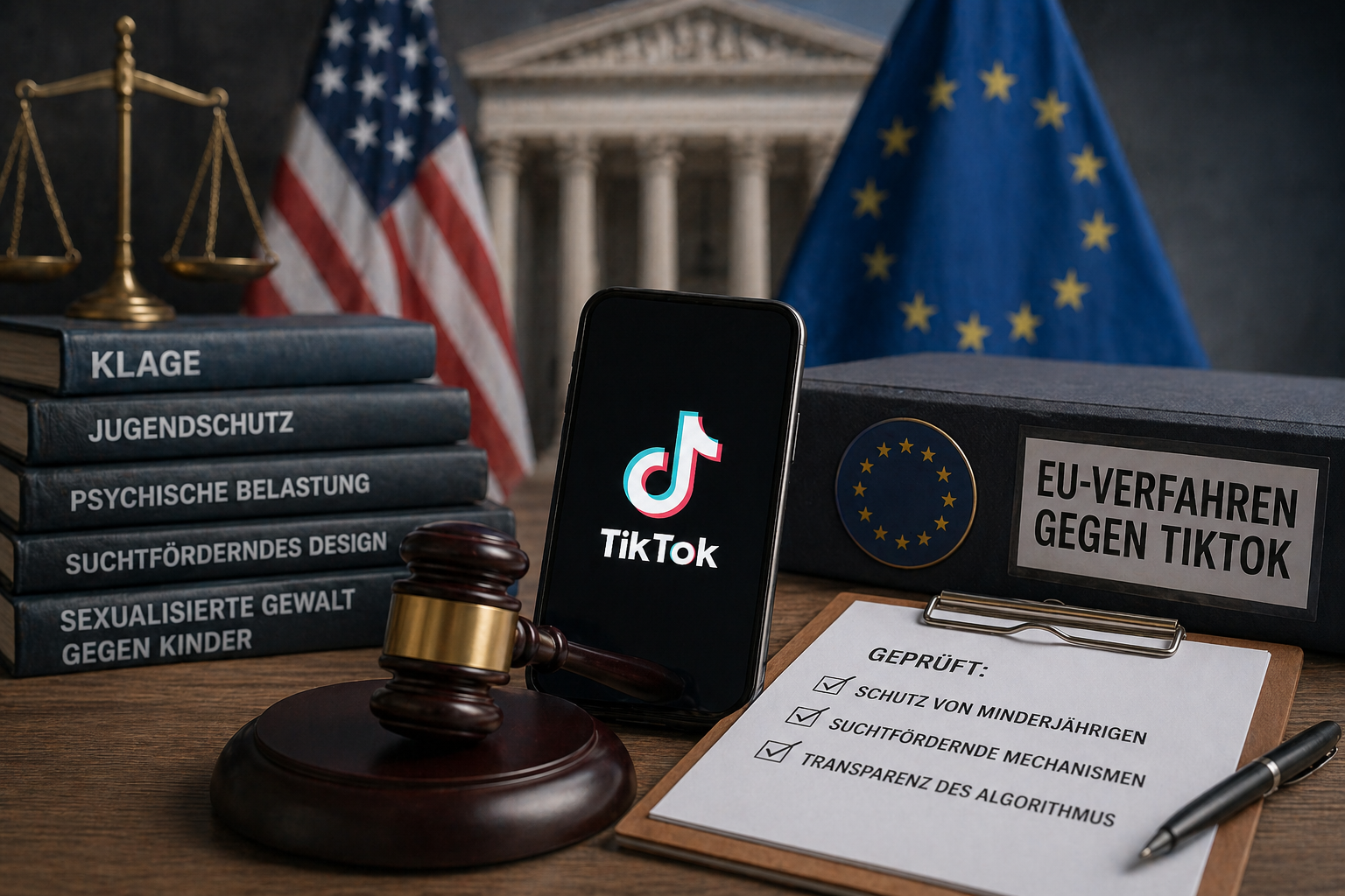 Smartphone mit TikTok-App steht auf einem Tisch neben Richterhammer, Gesetzesbüchern sowie EU- und US-Flaggen, symbolisiert rechtliche Verfahren und Klagen gegen TikTok im Zusammenhang mit Jugendschutz und Plattformregulierung.