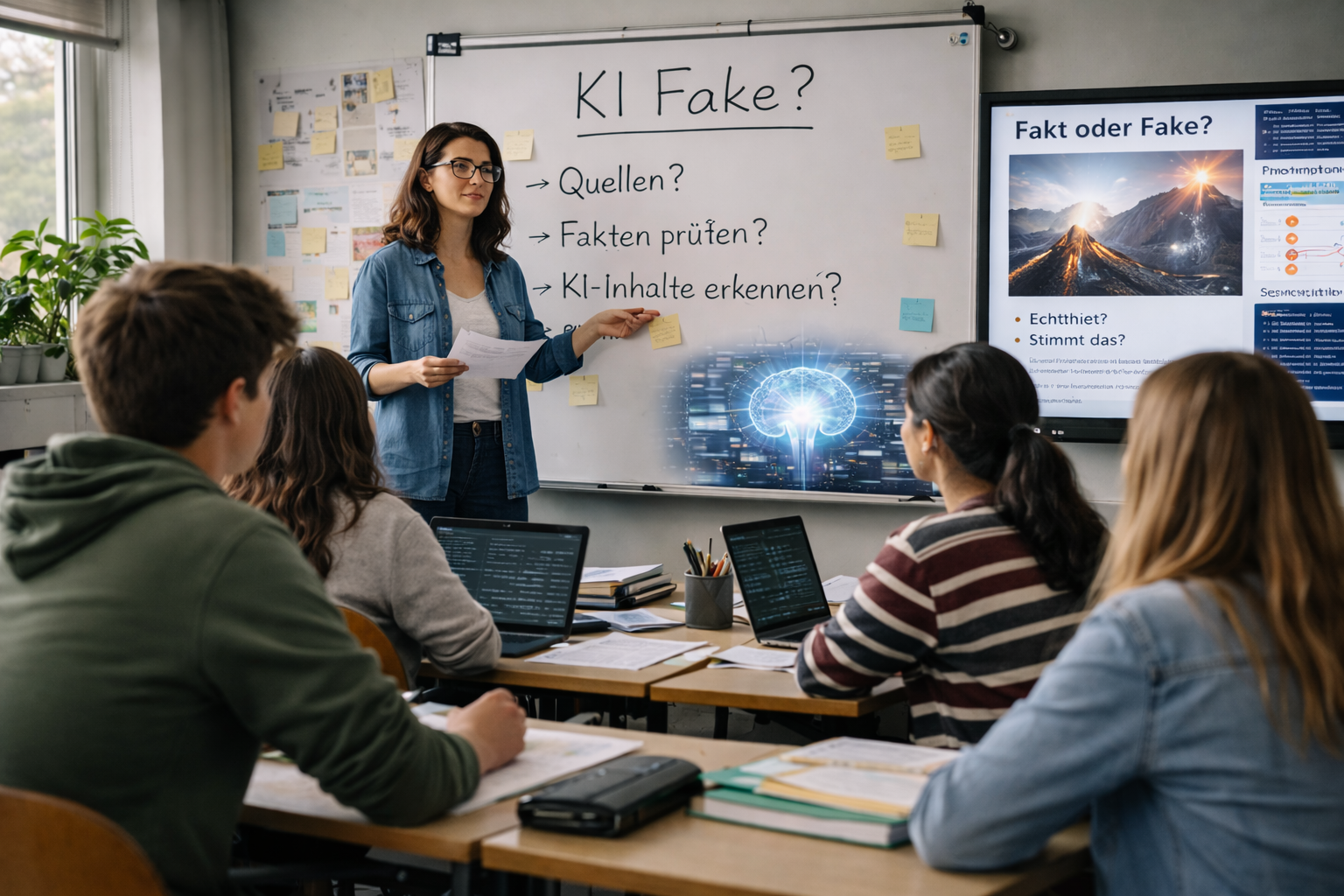 Lehrerin bespricht im Klassenzimmer mit Schülerinnen und Schülern an einer Tafel Fragen zu KI, Faktenprüfung und dem Erkennen von KI Inhalten.
