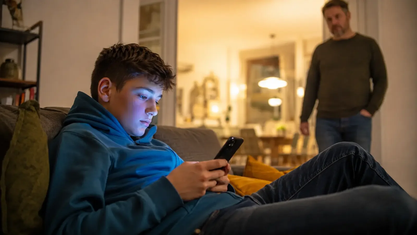 Jugendlicher nutzt abends ein Smartphone, während sein Vater im Hintergrund aufmerksam hinsieht.