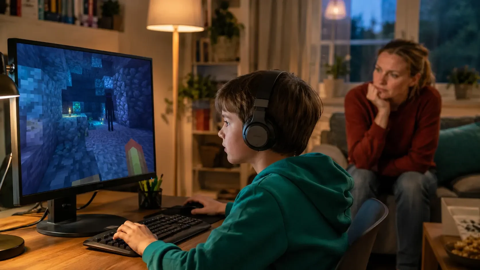Ein Junge spielt im Wohnzimmer Minecraft, während seine Mutter aufmerksam in der Nähe sitzt.