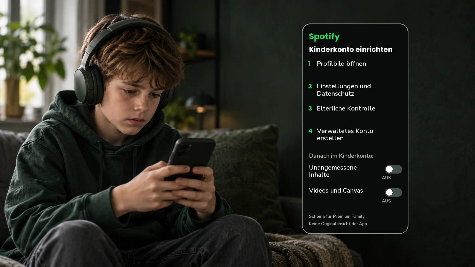 Ein ernst blickendes Kind mit Kopfhörern und Smartphone neben einer schematischen Spotify-Anleitung für ein verwaltetes Kinderkonto.