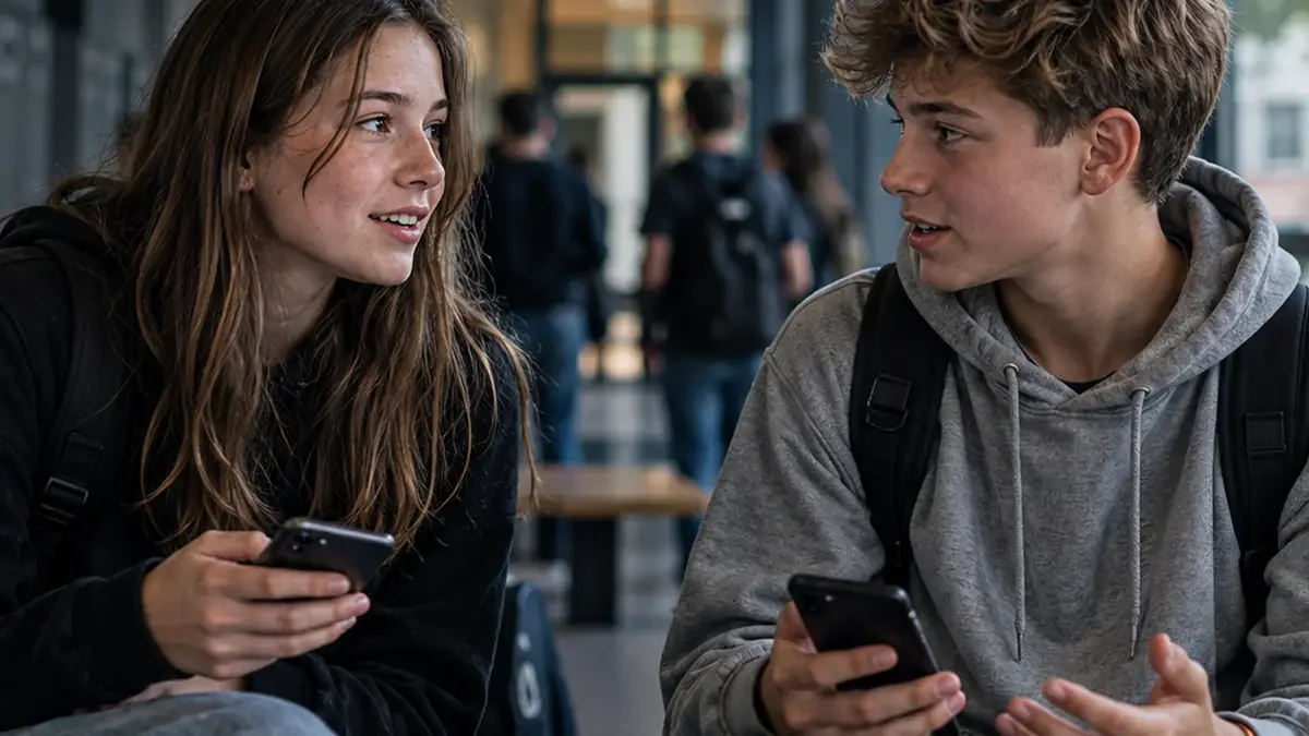 Zwei Jugendliche sprechen in einer Schule miteinander und halten Smartphones in den Händen.