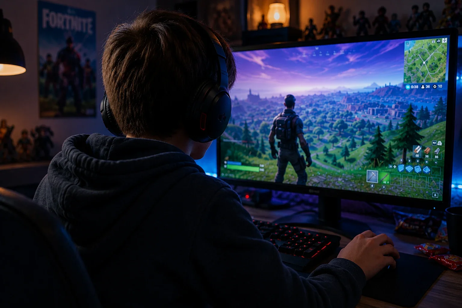 Jugendlicher mit Gaming-Headset spielt Fortnite am Computer in seinem Zimmer.