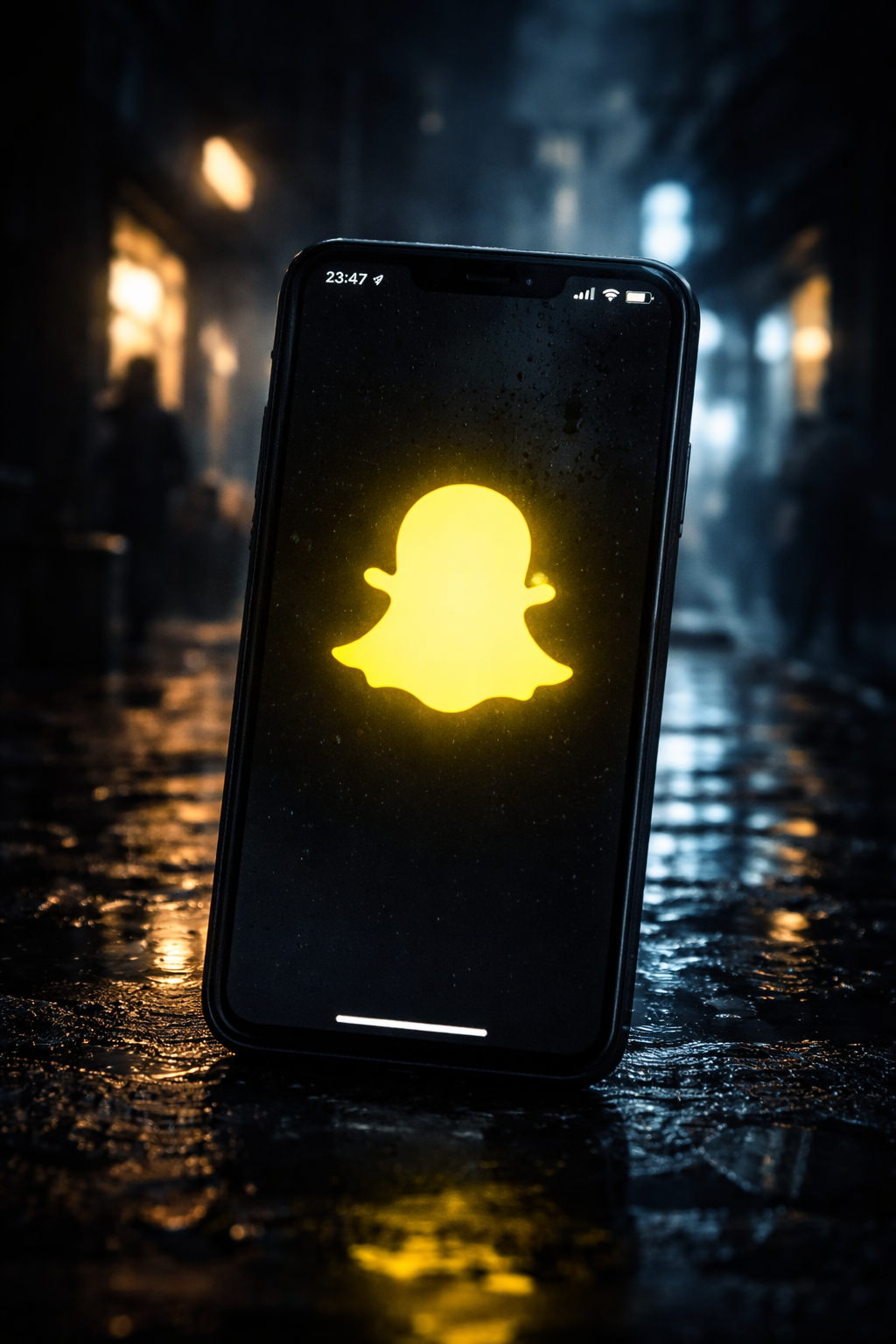 Ein Smartphone mit leuchtendem Snapchat-Logo steht nachts auf nassem Asphalt in einer dunklen Gasse, die Umgebung ist unscharf und kühl beleuchtet und erzeugt eine düstere Stimmung.