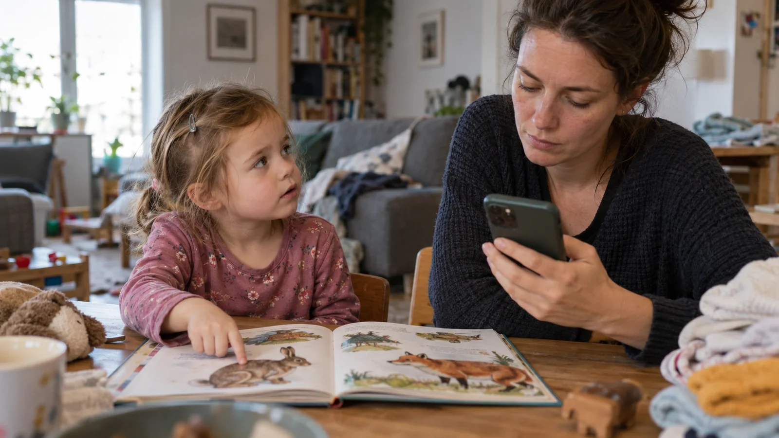 Ein kleines Kind zeigt auf ein Bild im offenen Bilderbuch und wendet sich seiner Mutter zu, die auf ihr Smartphone schaut.