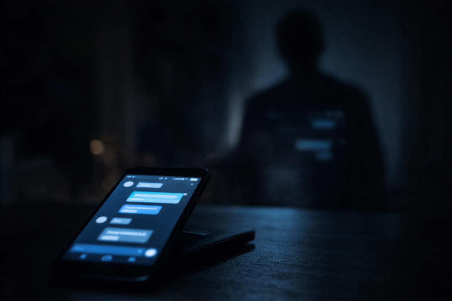 Symbolbild: Ein Smartphone mit unscharfem Chat liegt in einem dunklen Raum, im Hintergrund ist die schemenhafte Silhouette einer erwachsenen Person zu erkennen, die die anonyme Bedrohung durch Cybergrooming im digitalen Raum symbolisiert.