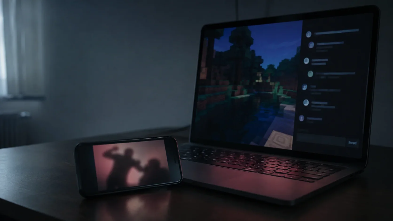 Laptop mit Online-Spiel und Chat neben einem Smartphone, das eine verschwommene Gewaltszene zeigt.