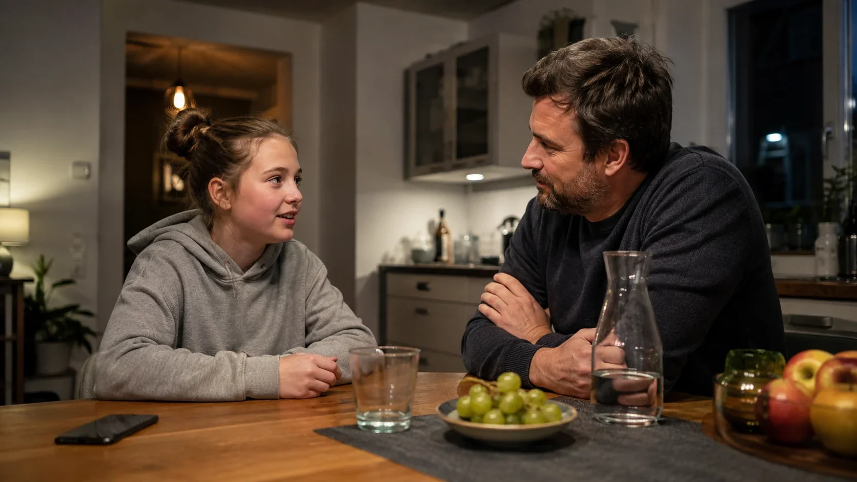 Eine Jugendliche spricht abends mit ihrem Vater über den Alltag ohne Smartphone.