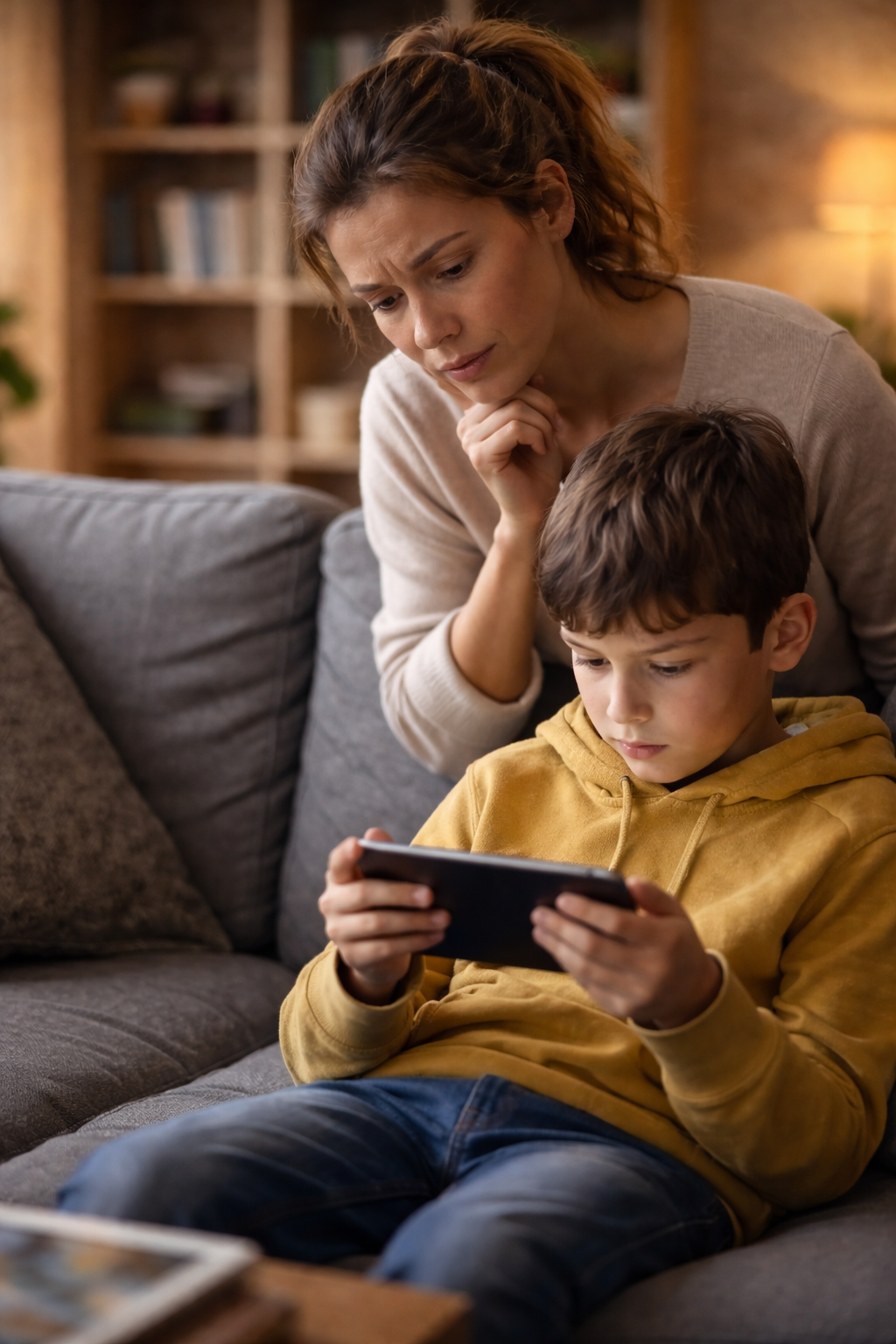 Mutter sitzt hinter ihrem Sohn auf einem Sofa und schaut besorgt auf sein Smartphone, während er konzentriert auf den Bildschirm blickt.