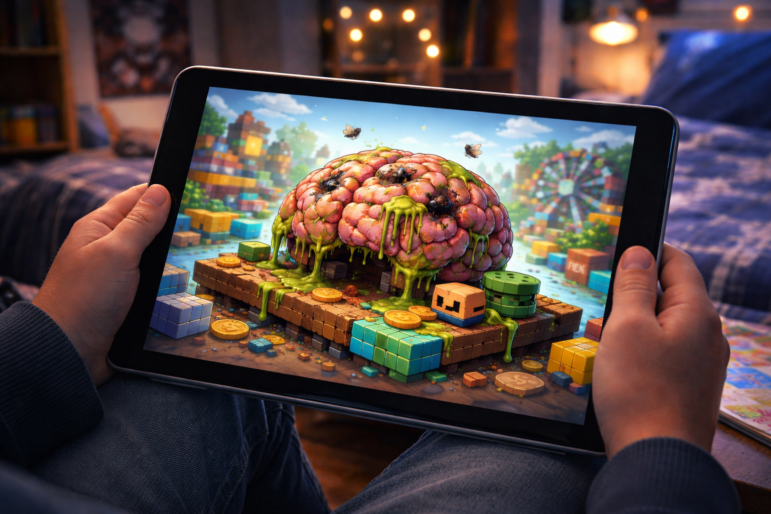 Junge in einem Jugendzimmer hält ein iPad, auf dem eine Roblox ähnliche Brainrot Szene zu sehen ist