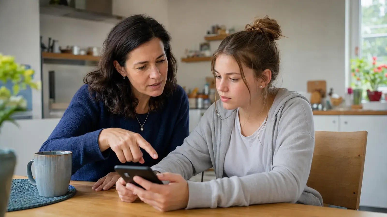 Eine Mutter und ihre jugendliche Tochter besprechen gemeinsam die Jugendschutzeinstellungen auf einem Smartphone.