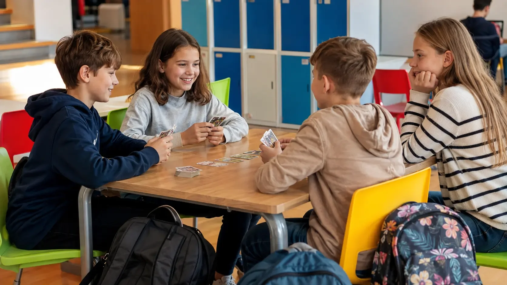 Vier polnische Schulkinder sitzen in der Pause gemeinsam an einem Tisch und spielen ohne Smartphones ein Kartenspiel.