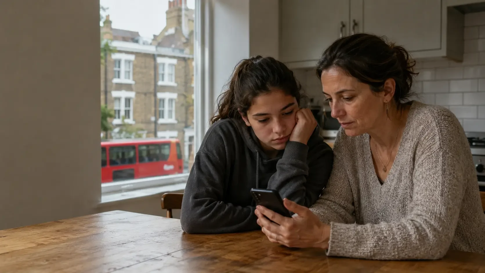 Eine Mutter betrachtet gemeinsam mit ihrer jugendlichen Tochter ein Smartphone in einer Londoner Wohnung. Vor dem Fenster fährt ein roter Doppeldeckerbus vorbei.