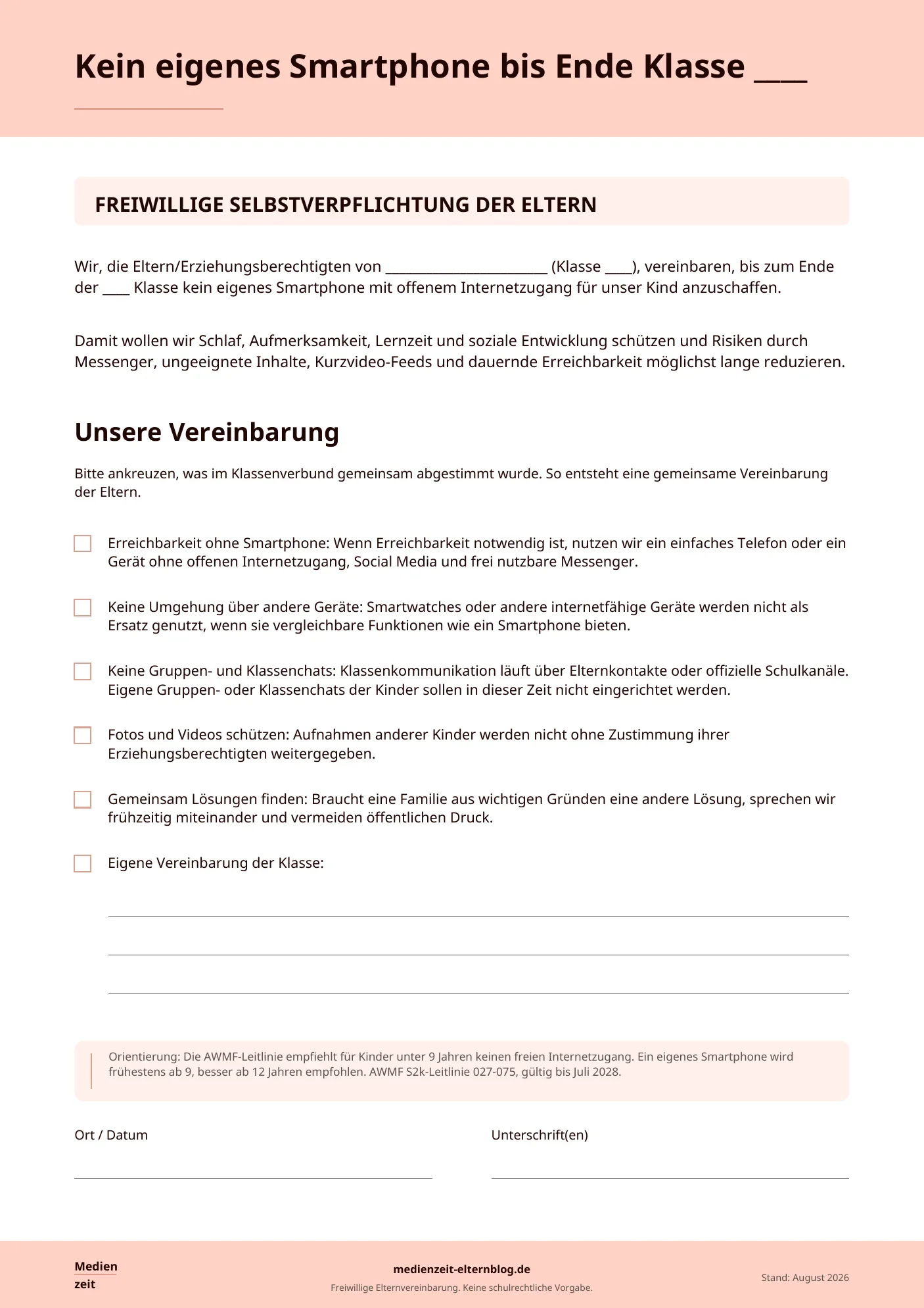 Freiwillige Elternvereinbarung von Medienzeit, mit der Familien gemeinsam festlegen können, bis zum Ende einer bestimmten Klasse auf ein eigenes Smartphone mit offenem Internetzugang zu verzichten.