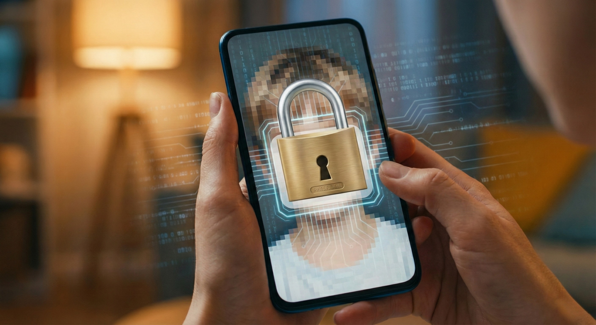 Nahaufnahme von Händen, die ein Smartphone halten. Auf dem Display ist das stark verpixelte Gesicht eines Kindes zu sehen, das symbolisch durch ein großes, goldenes Vorhängeschloss und digitale Sicherheitslinien geschützt wird.