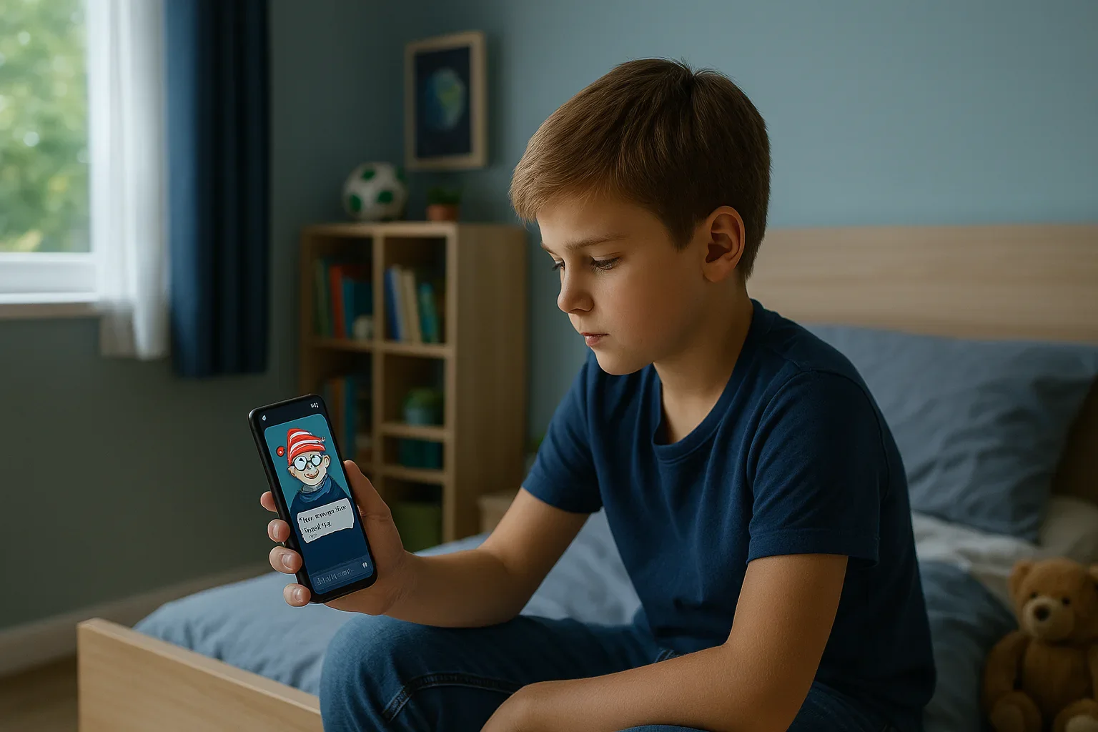 Ein Junge sitzt auf seinem Bett und hält ein Smartphone, auf dessen Bildschirm eine Comicfigur in einem Chat zu sehen ist.