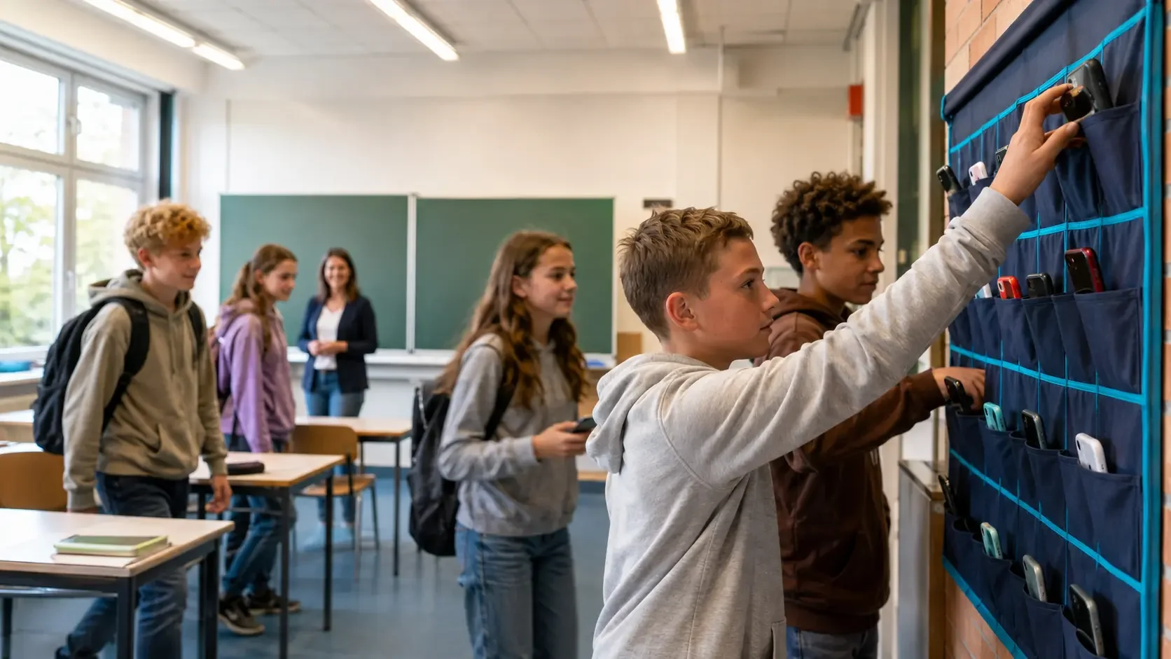 Schülerinnen und Schüler legen ihre Smartphones zu Beginn des Unterrichts in eine gemeinsame Handyaufbewahrung.