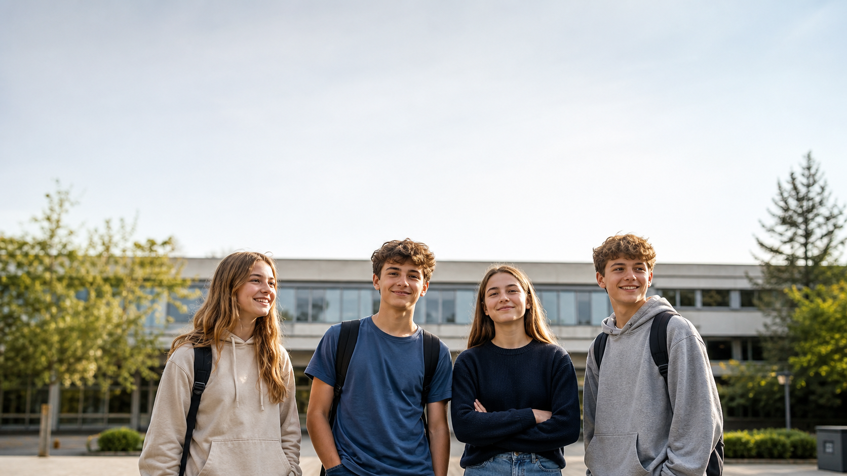 Jugendliche vor Konrad Lorenz Gymnasium ohne Smartphone, ruhiger Moment der Erleichterung auf dem Schulhof