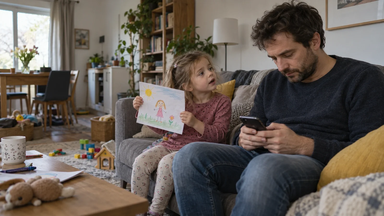 Ein Vater schaut auf sein Smartphone, während seine kleine Tochter ihm eine Zeichnung zeigt und seinen Blick sucht.