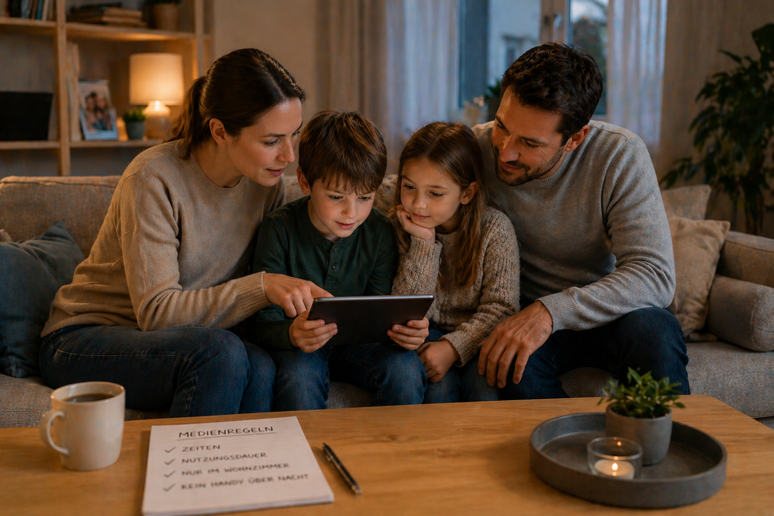 Familie sitzt gemeinsam auf dem Sofa und schaut auf ein Tablet im Wohnzimmer, Eltern begleiten die Mediennutzung ihrer Kinder in ruhiger Atmosphäre
