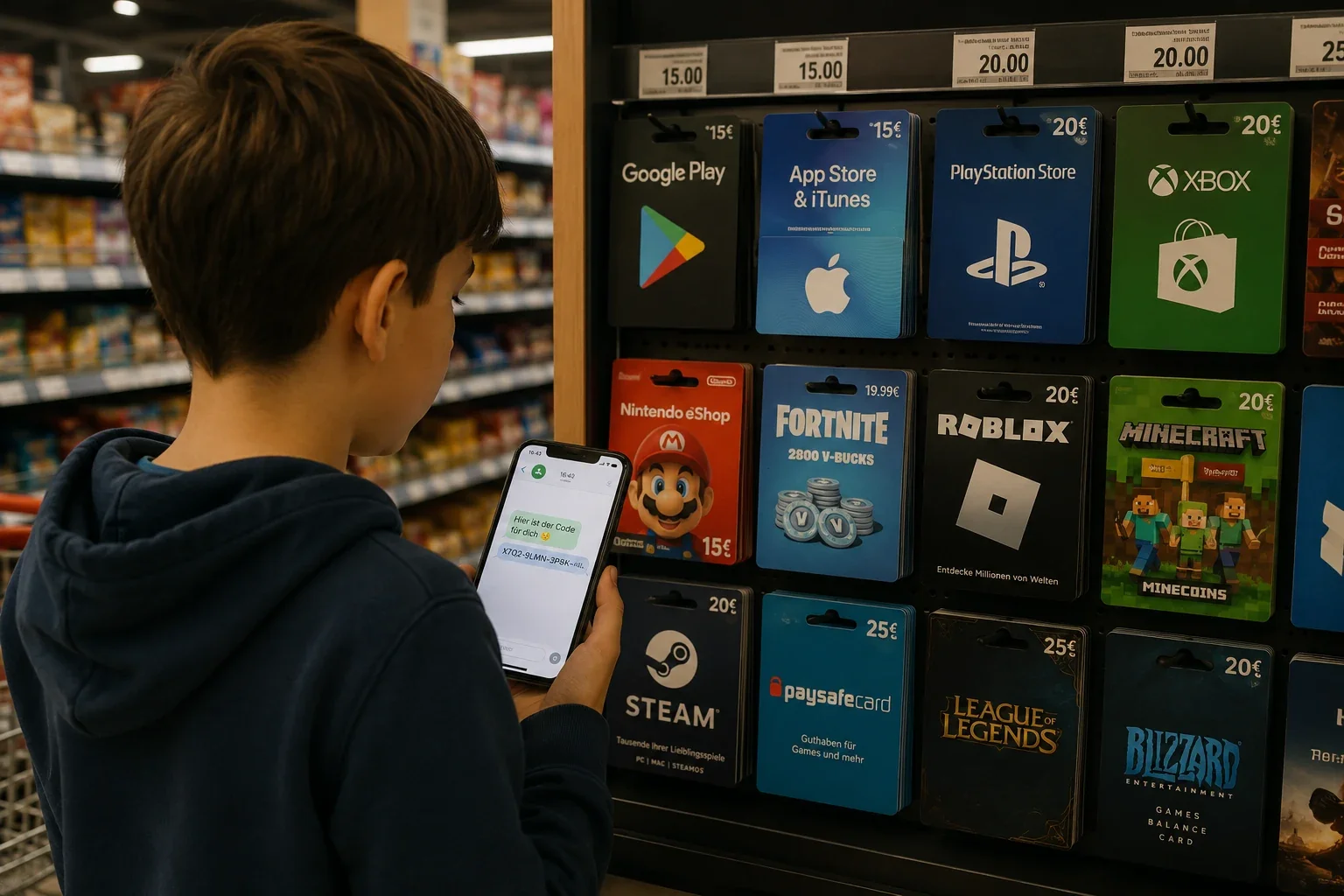 Ein Kind steht im Supermarkt vor einem Regal mit Geschenkkarten für Spiele und digitale Plattformen und betrachtet einen Guthabencode auf seinem Smartphone.