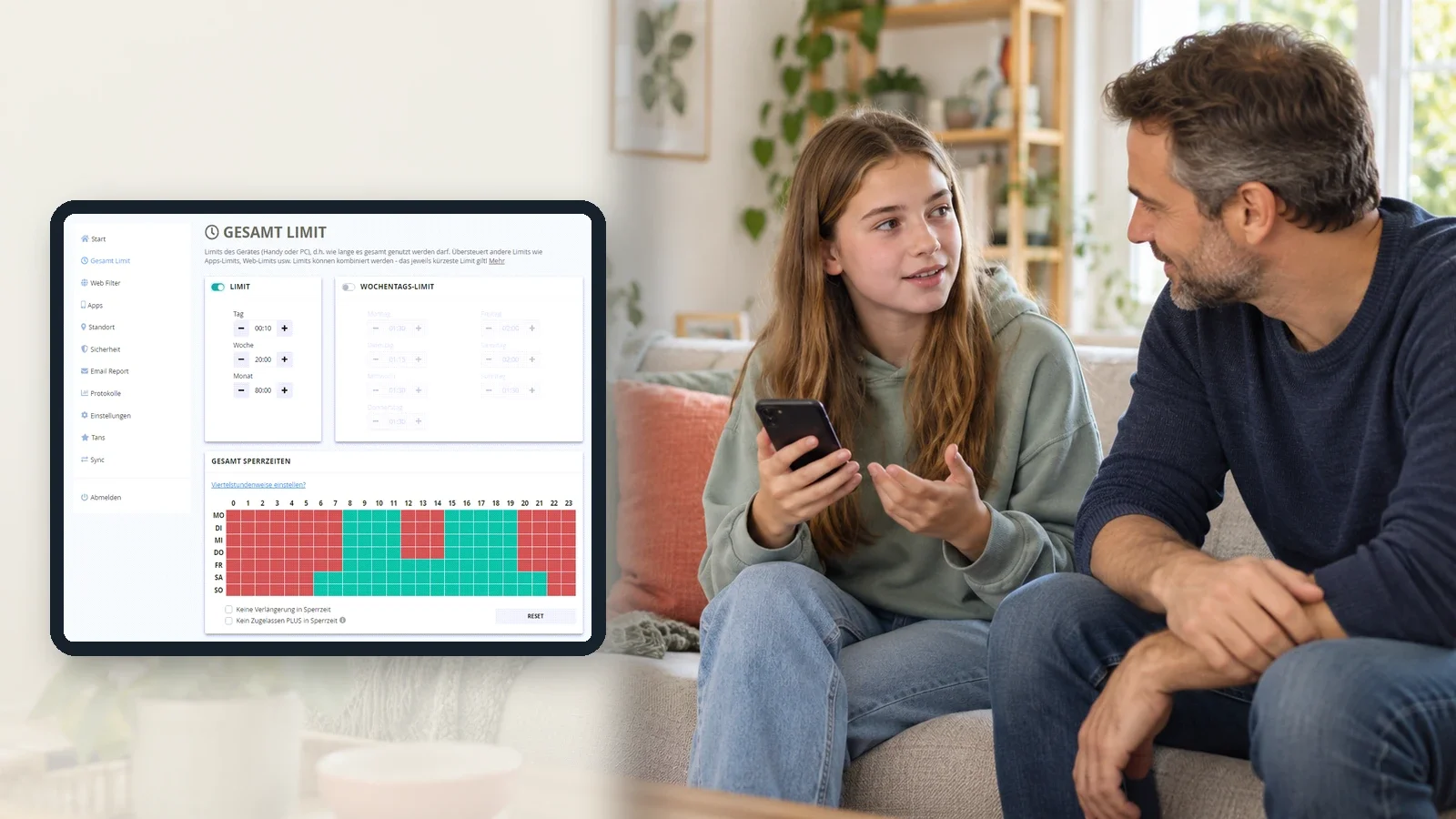 Eine Jugendliche spricht mit ihrem Vater und hält ein Smartphone. Links zeigt ein eingeblendetes Tablet die KISI-Einstellungen für Gesamtlimit und Sperrzeiten.  Infografik