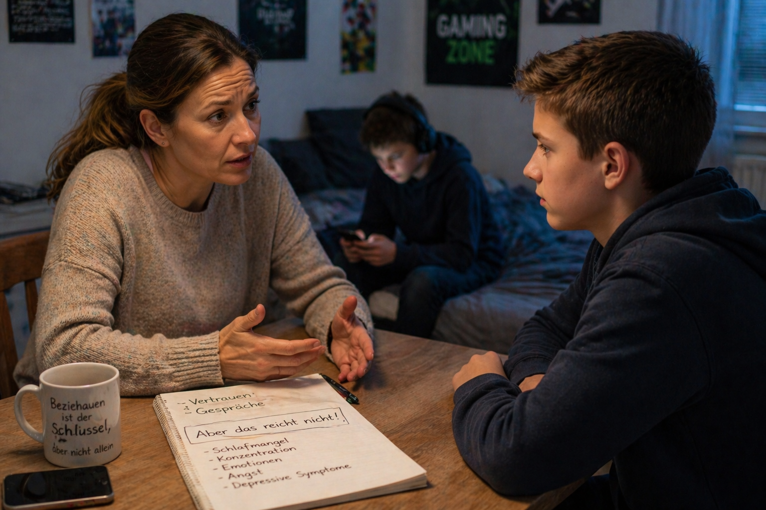 Mutter spricht ernst mit ihrem Sohn am Tisch über Mediennutzung, während ein weiteres Kind im Hintergrund vertieft auf ein Smartphone schaut